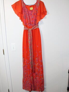 Women's Maeve Anthropologie Orange Blushed Paisley Short Sleeve Maxi Dress